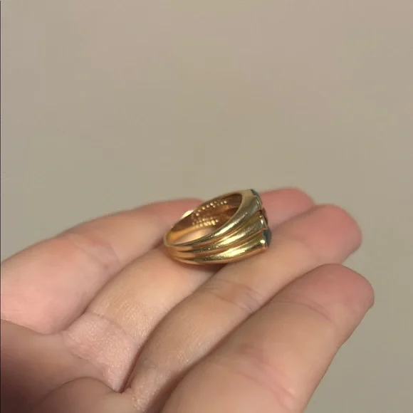 14k Solid Yellow Gold Blue & Pink Topaz Asymmetrical Stacked Ring